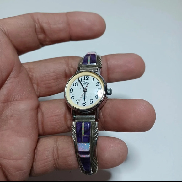 Timex indiglo Vintage Navajo R. Francisco Sterling Silver Stone Inlay Watch Band - Picture 3 of 8